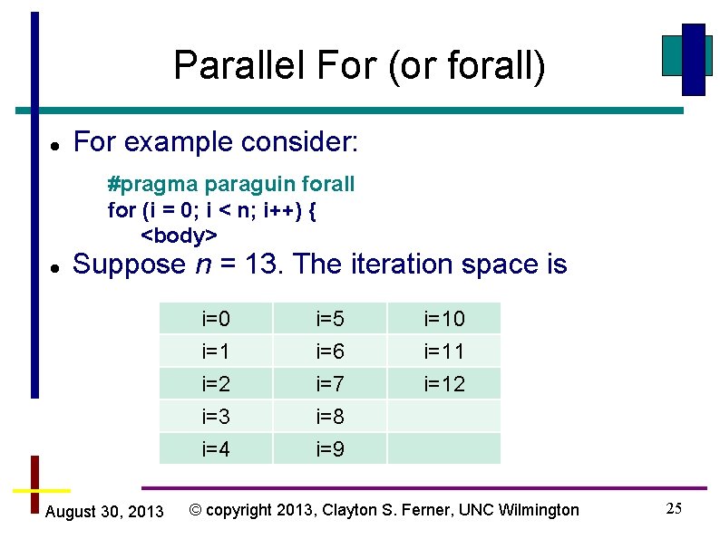 Parallel For (or forall) For example consider: #pragma paraguin forall for (i = 0;