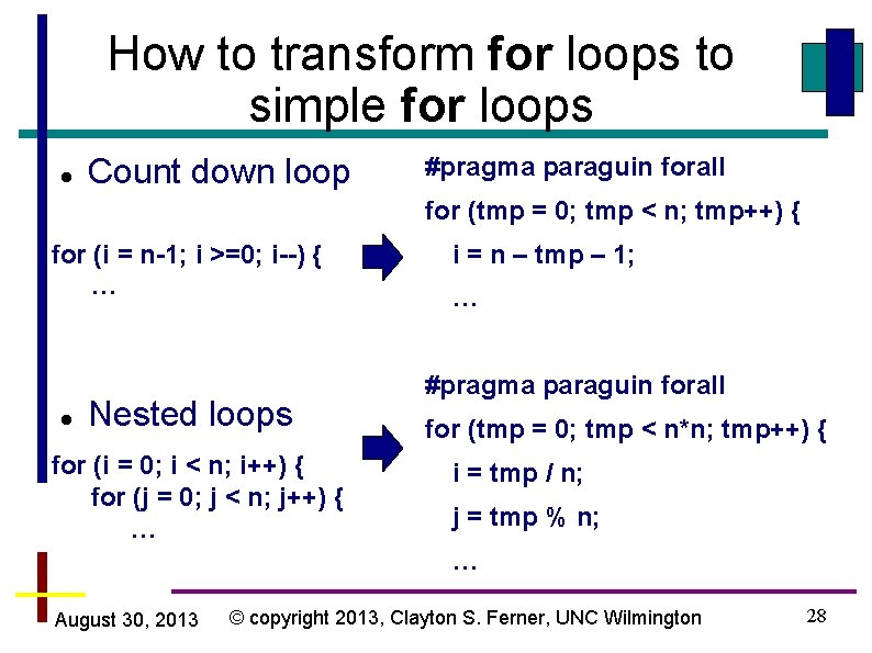 How to transform for loops to simple for loops Count down loop #pragma paraguin
