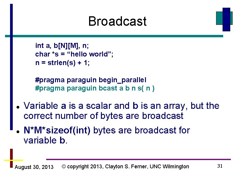 Broadcast int a, b[N][M], n; char *s = “hello world”; n = strlen(s) +