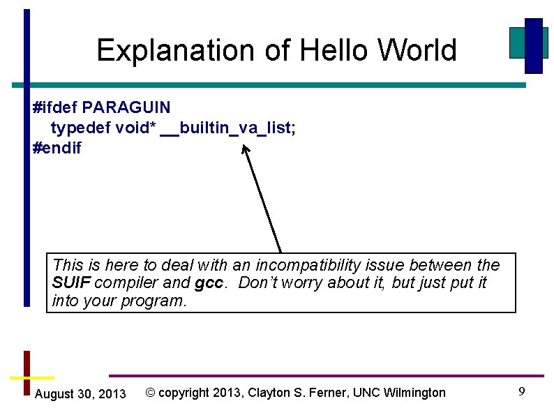 Explanation of Hello World #ifdef PARAGUIN typedef void* __builtin_va_list; #endif This is here to