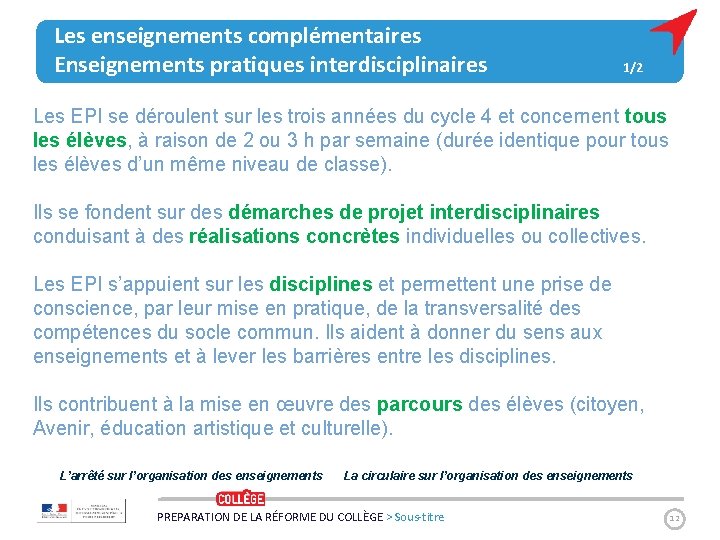 Les enseignements complémentaires Enseignements pratiques interdisciplinaires 1/2 Les EPI se déroulent sur les trois