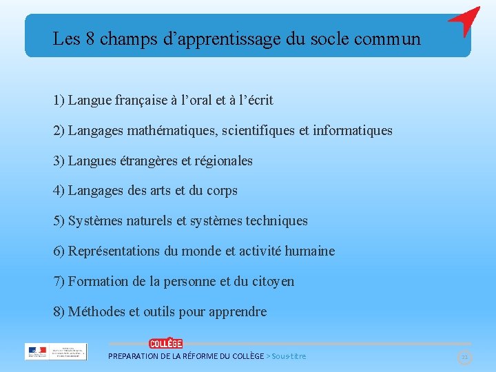 Les 8 champs d’apprentissage du socle commun 1) Langue française à l’oral et à