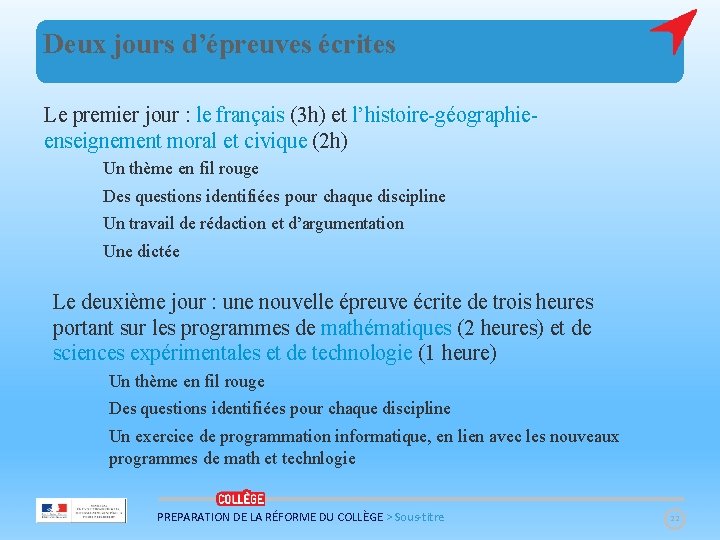 Deux jours d’épreuves écrites Le premier jour : le français (3 h) et l’histoire-géographieenseignement