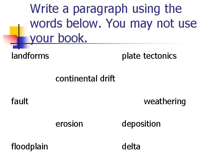 Write a paragraph using the words below. You may not use your book. landforms