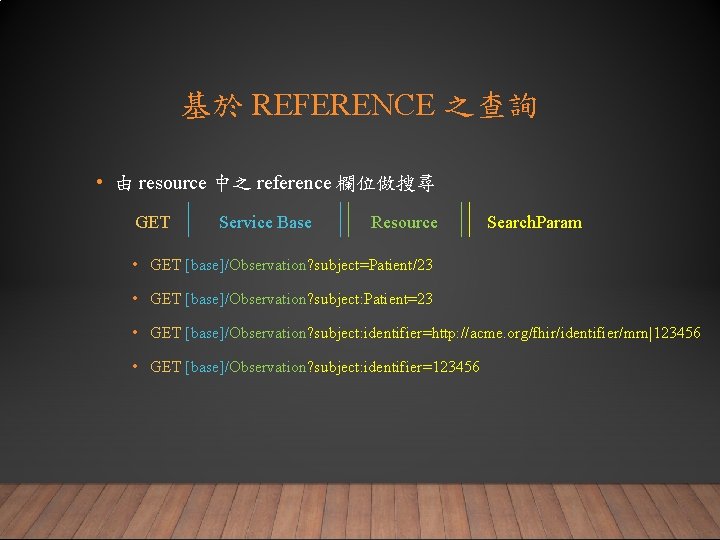 基於 REFERENCE 之查詢 • 由 resource 中之 reference 欄位做搜尋 GET Service Base Resource Search.