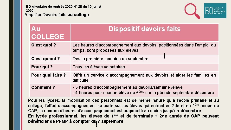 BO circulaire de rentrée 2020 N° 28 du 10 juillet 2020 Amplifier Devoirs faits