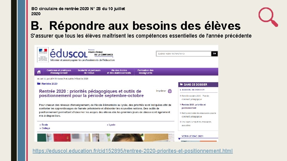 BO circulaire de rentrée 2020 N° 28 du 10 juillet 2020 B. Répondre aux