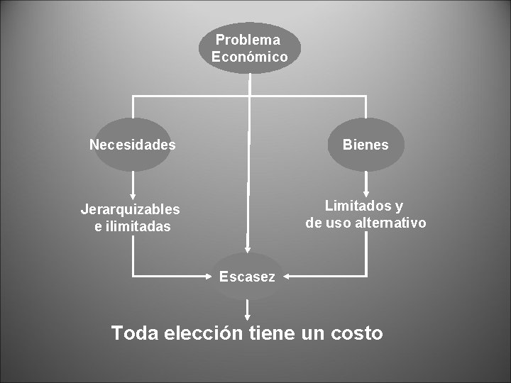 Problema Económico Necesidades Bienes Jerarquizables e ilimitadas Limitados y de uso alternativo Escasez Toda