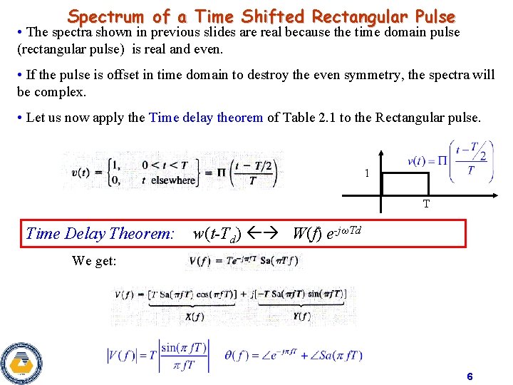 Spectrum of a Time Shifted Rectangular Pulse • The spectra shown in previous slides