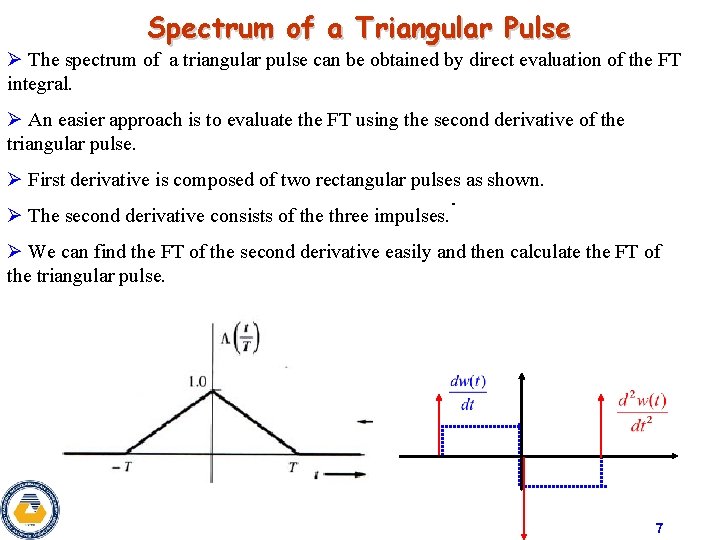 Spectrum of a Triangular Pulse Ø The spectrum of a triangular pulse can be