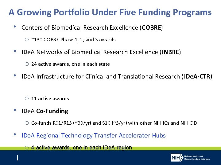 A Growing Portfolio Under Five Funding Programs • Centers of Biomedical Research Excellence (COBRE)