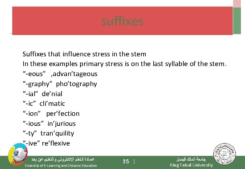suffixes Suffixes that influence stress in the stem In these examples primary stress is