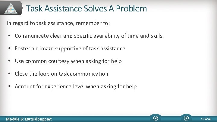 Task Assistance Solves A Problem In regard to task assistance, remember to: • Communicate