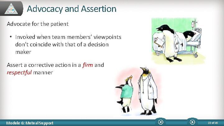 Advocacy and Assertion Advocate for the patient • Invoked when team members’ viewpoints don’t