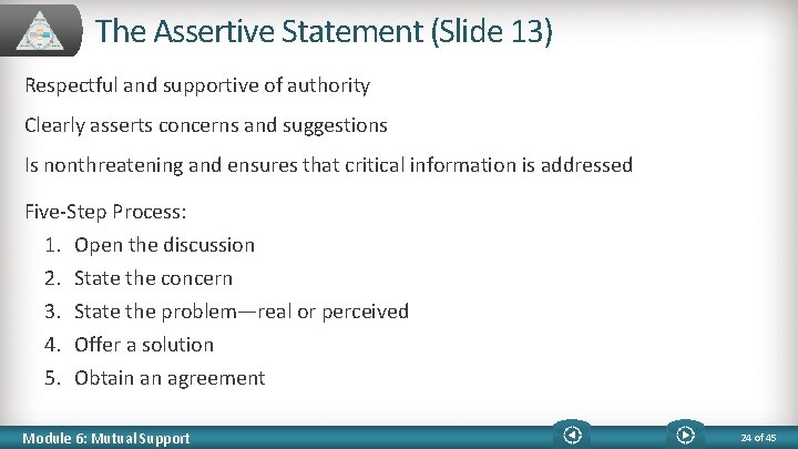 The Assertive Statement (Slide 13) Respectful and supportive of authority Clearly asserts concerns and