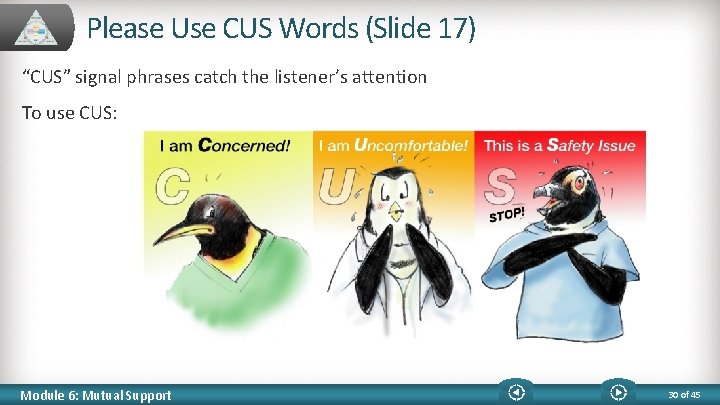 Please Use CUS Words (Slide 17) “CUS” signal phrases catch the listener’s attention To