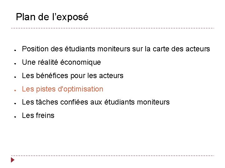 Plan de l’exposé ● Position des étudiants moniteurs sur la carte des acteurs ●