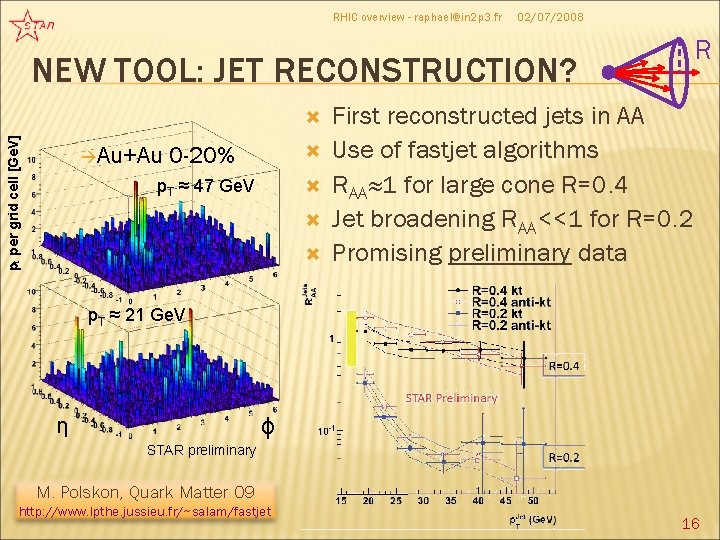 RHIC overview - raphael@in 2 p 3. fr 02/07/2008 R NEW TOOL: JET RECONSTRUCTION?