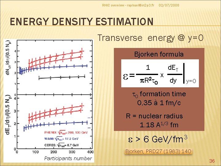 RHIC overview - raphael@in 2 p 3. fr 02/07/2008 ENERGY DENSITY ESTIMATION Transverse energy