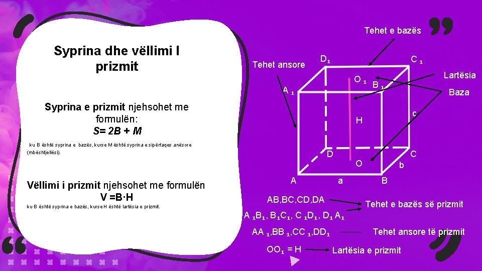 Tehet e bazës Syprina dhe vëllimi I prizmit Tehet ansore D₁ C₁ O₁ A₁