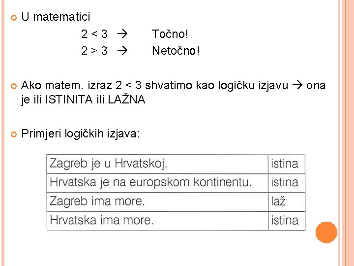  U matematici 2<3 2>3 Točno! Netočno! Ako matem. izraz 2 < 3 shvatimo