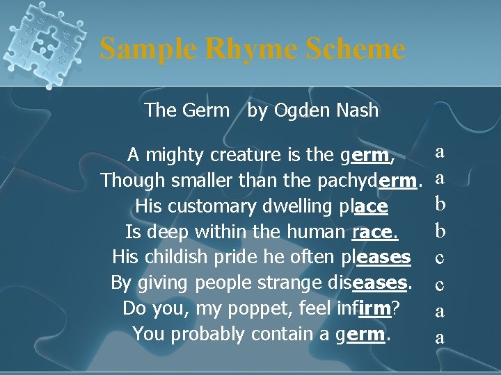 Sample Rhyme Scheme The Germ by Ogden Nash A mighty creature is the germ,