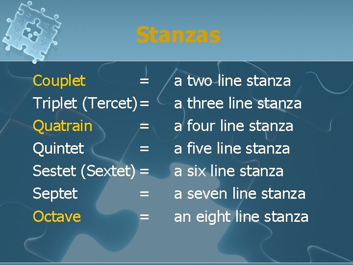 Stanzas Couplet = Triplet (Tercet)= Quatrain = Quintet = Sestet (Sextet) = Septet =