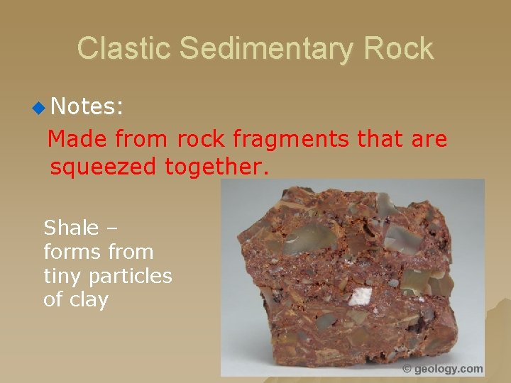 Clastic Sedimentary Rock u Notes: Made from rock fragments that are squeezed together. Shale