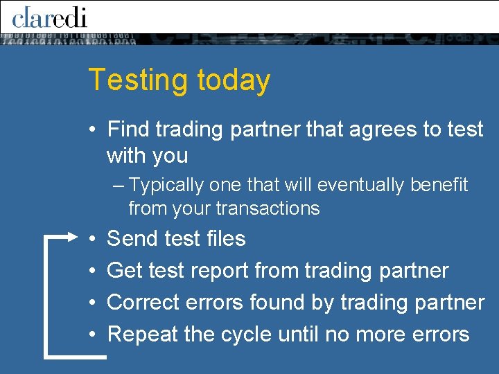 Testing today • Find trading partner that agrees to test with you – Typically Testing today • Find trading partner that agrees to test with you – Typically