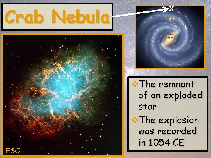 Crab Nebula ESO X v. The remnant of an exploded star v. The explosion