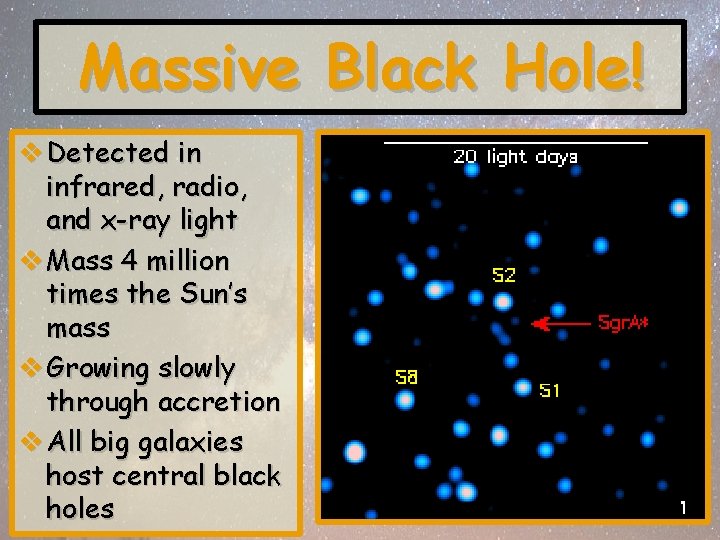 Massive Black Hole! v Detected in infrared, radio, and x-ray light v Mass 4