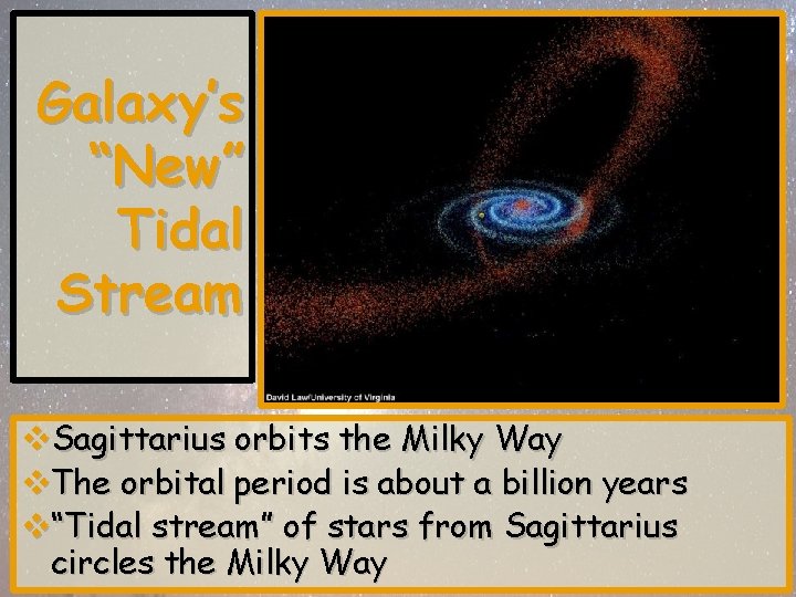 Galaxy’s “New” Tidal Stream v. Sagittarius orbits the Milky Way v. The orbital period