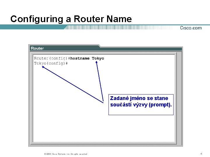 Configuring a Router Name Zadané jméno se stane součástí výzvy (prompt). © 2004, Cisco