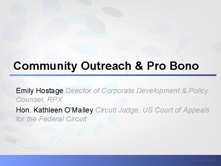 Community Outreach & Pro Bono Emily Hostage Director of Corporate Development & Policy Counsel,
