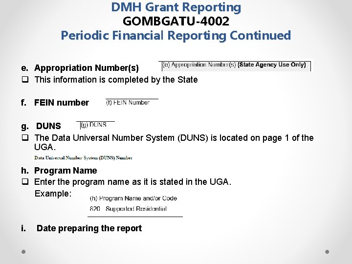 DMH Grant Reporting GOMBGATU-4002 Periodic Financial Reporting Continued e. Appropriation Number(s) q This information