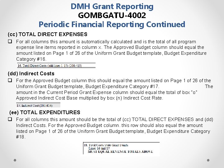 DMH Grant Reporting GOMBGATU-4002 Periodic Financial Reporting Continued (cc) TOTAL DIRECT EXPENSES q For