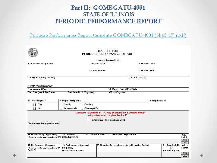 Part II: GOMBGATU-4001 STATE OF ILLINOIS PERIODIC PERFORMANCE REPORT Periodic Performance Report template GOMBGATU-4001