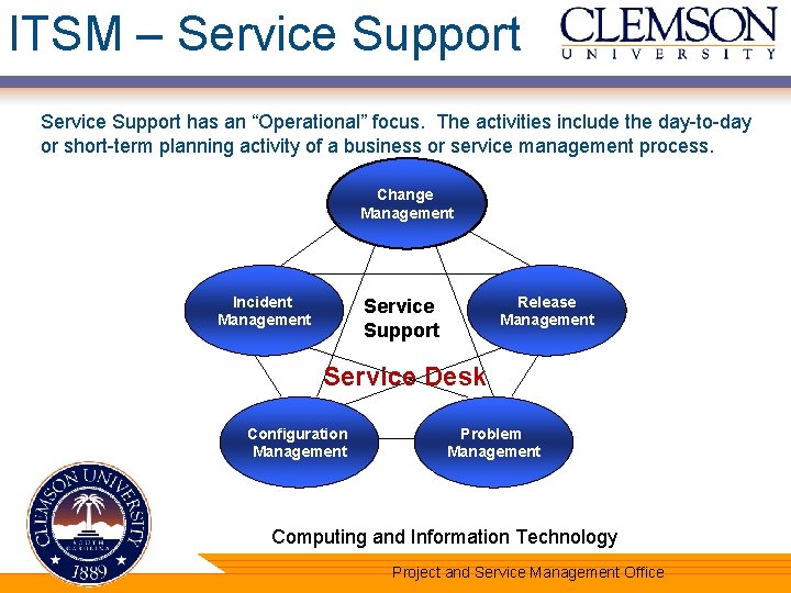 ITSM – Service Support has an “Operational” focus. The activities include the day-to-day or