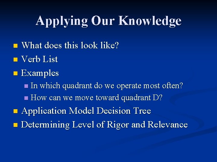 Applying Our Knowledge What does this look like? n Verb List n Examples n Applying Our Knowledge What does this look like? n Verb List n Examples n