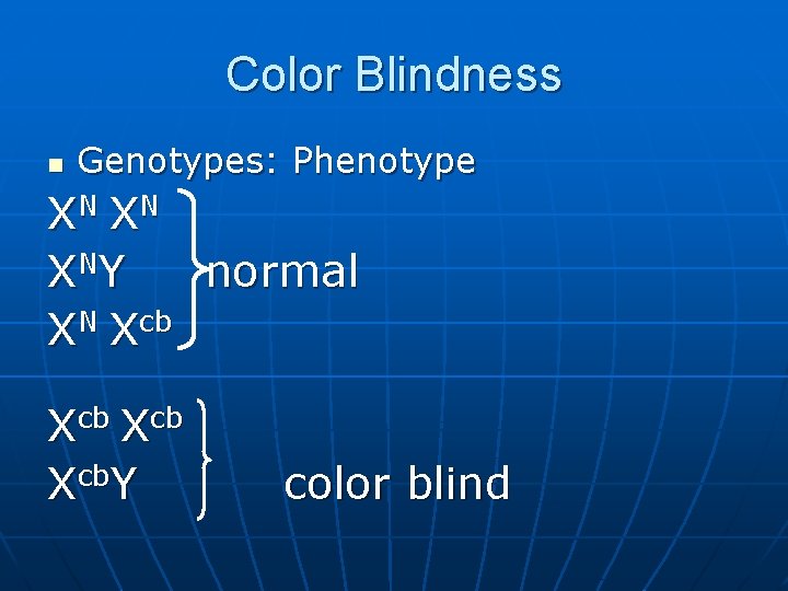 Color Blindness n Genotypes: Phenotype XN XN X NY normal XN Xcb Xcb. Y