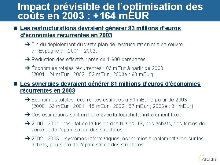 Impact prévisible de l’optimisation des coûts en 2003 : +164 m. EUR n Les