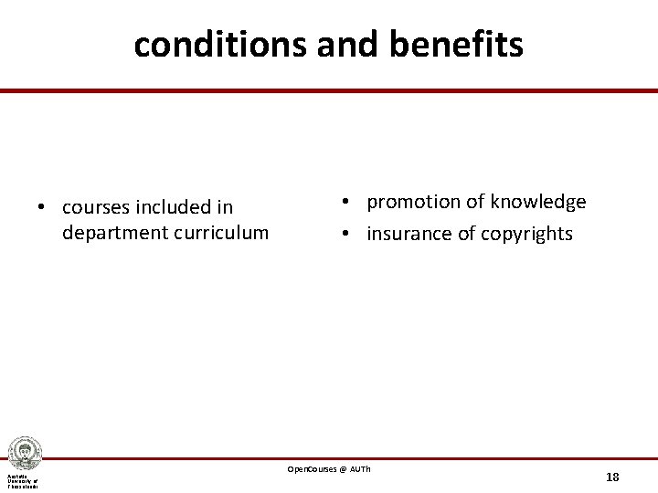 conditions and benefits • courses included in department curriculum Aristotle University of Thessaloniki •