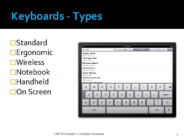 Keyboards - Types �Standard �Ergonomic �Wireless �Notebook �Handheld �On Screen CMPTR Chapter 2: Computer