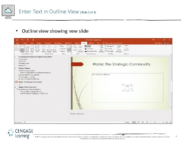 Enter Text in Outline View (Slide 2 of 4) • Outline view showing new