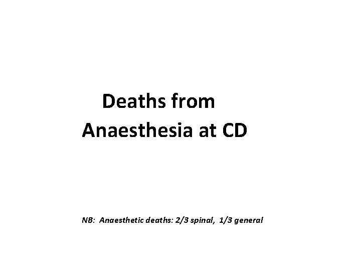 Deaths from Anaesthesia at CD NB: Anaesthetic deaths: 2/3 spinal, 1/3 general 