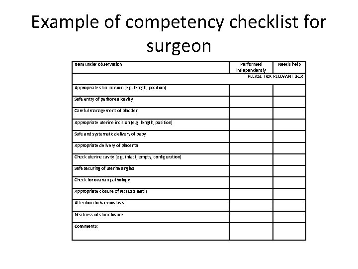 Example of competency checklist for surgeon Item under observation Appropriate skin incision (e. g.