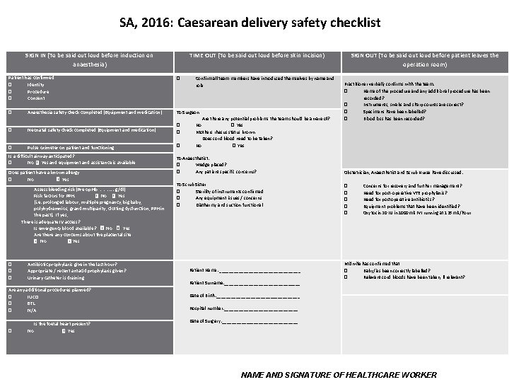 SA, 2016: Caesarean delivery safety checklist SIGN IN (To be said out loud before