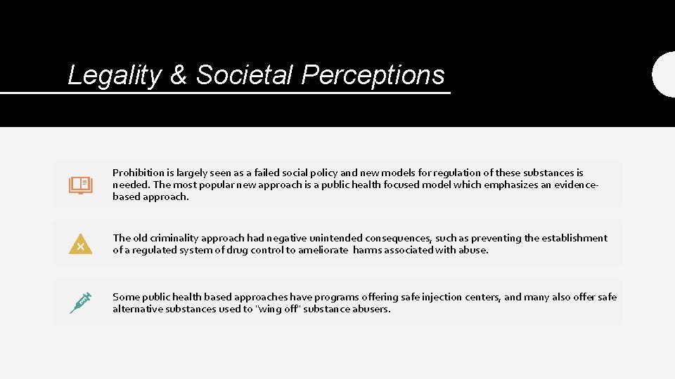 Legality & Societal Perceptions Prohibition is largely seen as a failed social policy and