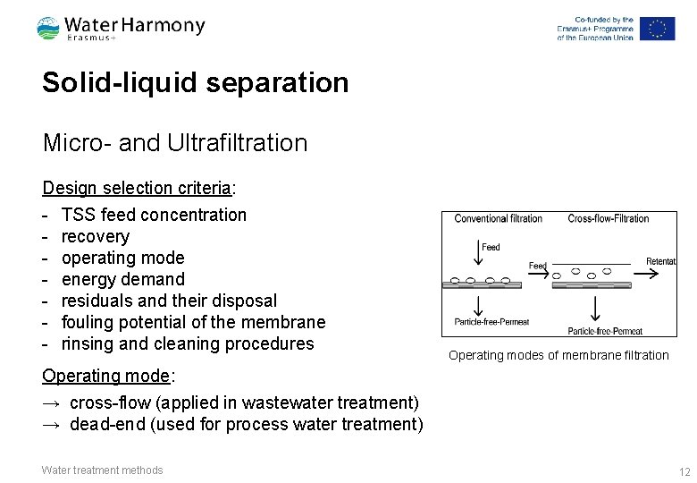 Solid-liquid separation Micro- and Ultrafiltration Design selection criteria: - TSS feed concentration - recovery