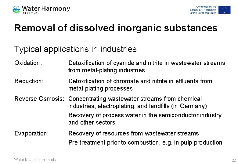 Removal of dissolved inorganic substances Typical applications in industries Oxidation: Detoxification of cyanide and